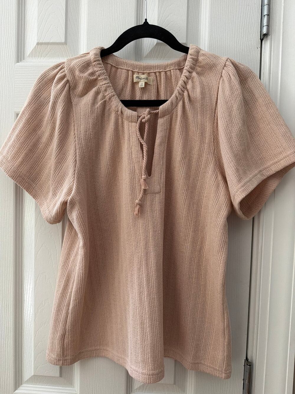 Madewell XS Blush Pink Textured Knit Puff Sleeve Tie Neck Top